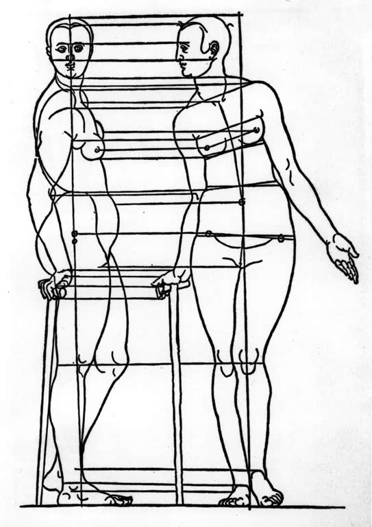 Kunstdruck „Weibliche Bewegungsfiguren mit Konstruktionslinien“ von Albrecht Dürer mit anatomischen Figurenstudien