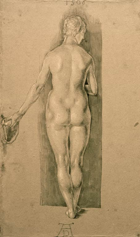 Kunstdruck von „Weiblicher Akt von rückwärts“ von Albrecht Dürer. Detailreiche Aktstudie aus der Renaissance mit präziser Linienführung, in Deutschland handgefertigt.