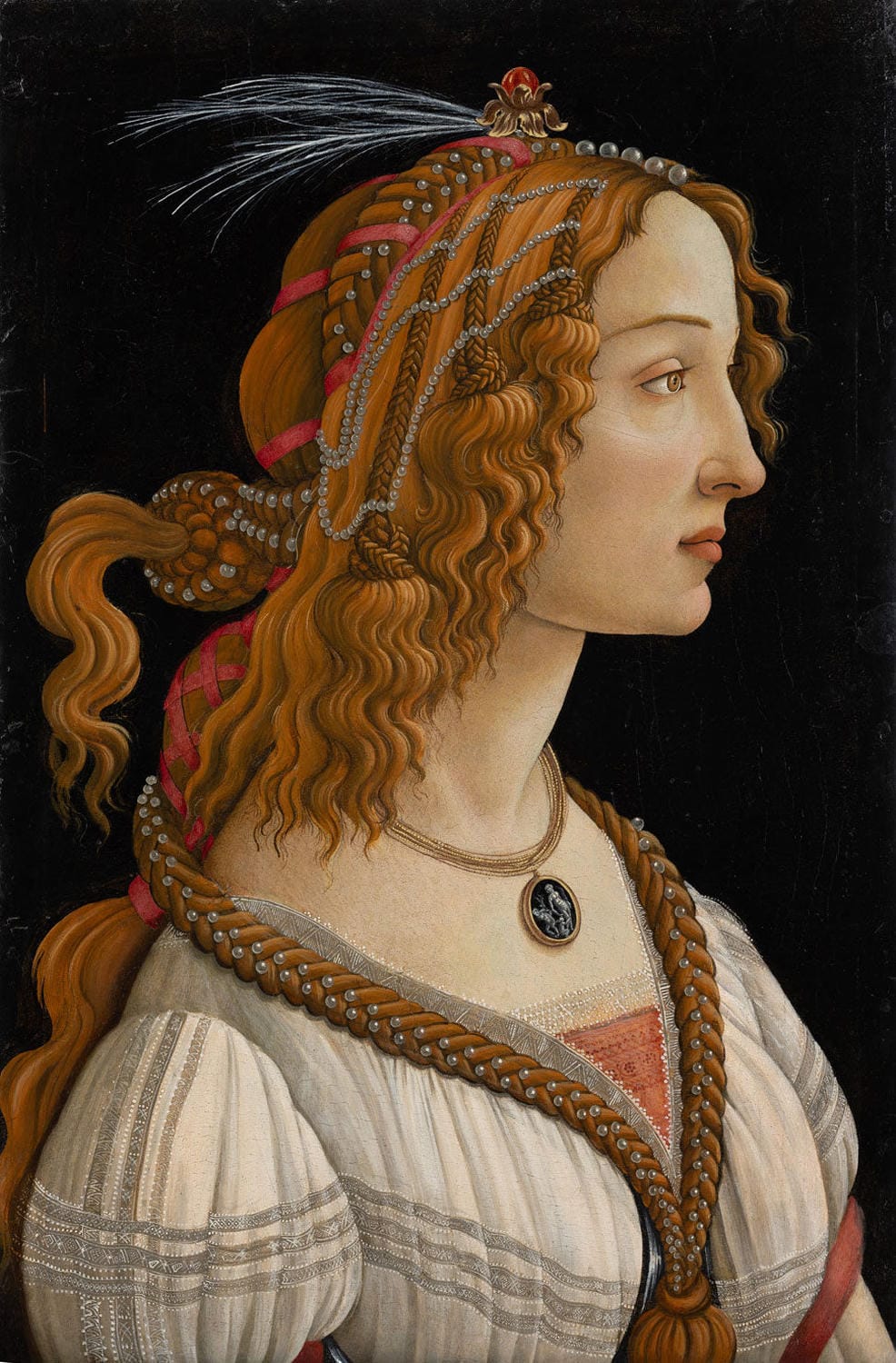 Detailgetreue Kunstkopie von Sandro Botticellis „Weibliches Idealbildnis“ (Bildnis der Simonetta Vespucci als Nymphe) – Renaissance-Porträt einer jungen Frau mit sanftem Ausdruck, welligem Haar und Blumenkranz, inspiriert vom Schönheitsideal des 15. Jahrhunderts.