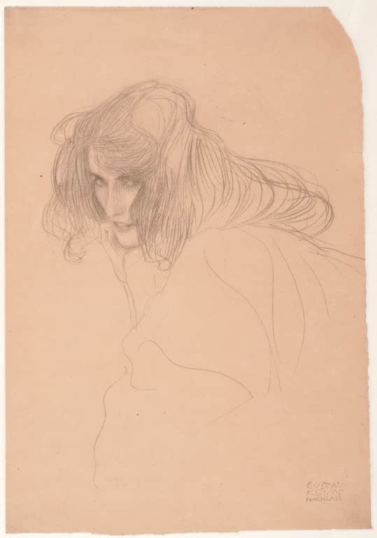 Kunstdruck des Gemäldes „Weibliches Bildnis im Dreiviertelprofil“ von Gustav Klimt – hochwertige Reproduktion eines eleganten Porträts.