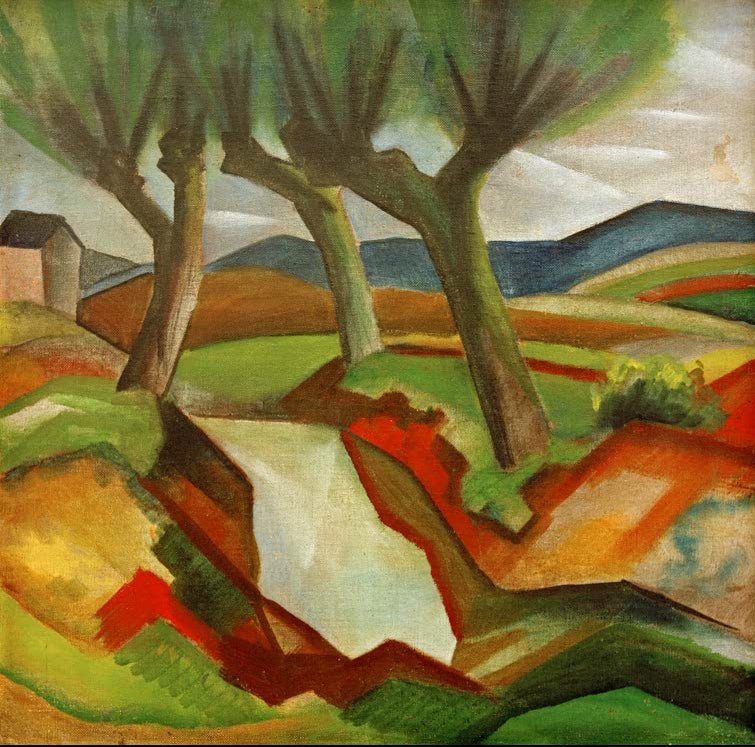 Kunstdruck des Gemäldes „Weiden am Bach“ von August Macke. Hochwertig in Deutschland von Hand gefertigt, erhältlich als Poster oder Leinwand und optional gerahmt.