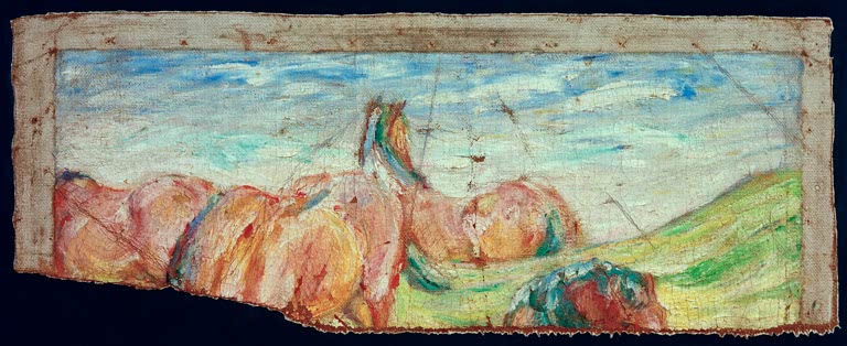 Kunstdruck des Gemäldes „Weidende Pferde II (Fragment)“ von Franz Marc. Hochwertig in Deutschland von Hand gefertigt, erhältlich als Poster oder Leinwand und optional gerahmt.
