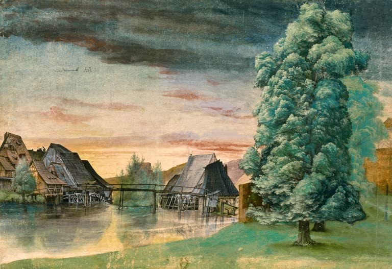 Kunstdruck des Gemäldes „Weidenmühle“ von Albrecht Dürer in hochwertiger Druckqualität. Erhältlich als Poster oder auf Leinwand, optional auch gerahmt.