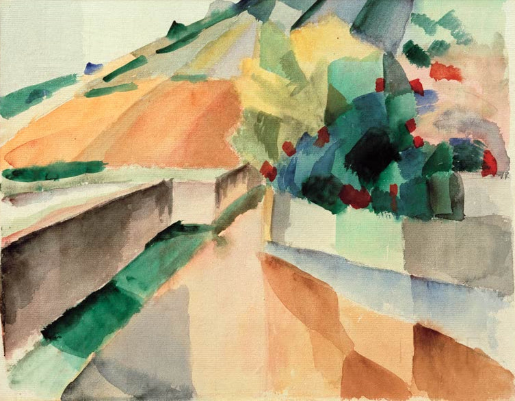 Kunstdruck des Gemäldes „Weinberge am Murtensee“ von August Macke. Hochwertig in Deutschland von Hand gefertigt, erhältlich als Poster oder Leinwand und optional gerahmt.