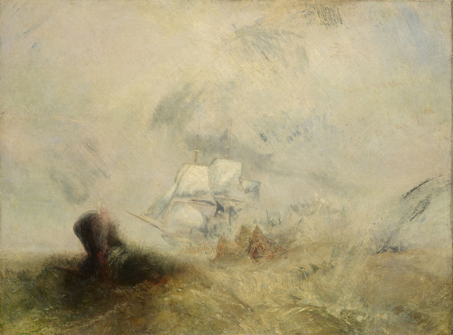 Dramatische Szene mit Walfängern auf stürmischer See, romantisches Gemälde von William Turner, 1845, im Querformat.