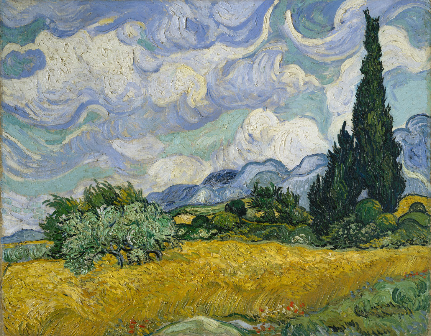 Lebendiges Weizenfeld mit Zypressen unter einem dramatischen Himmel, gemalt von Vincent van Gogh im Jahr 1889, im Postimpressionismus-Stil.