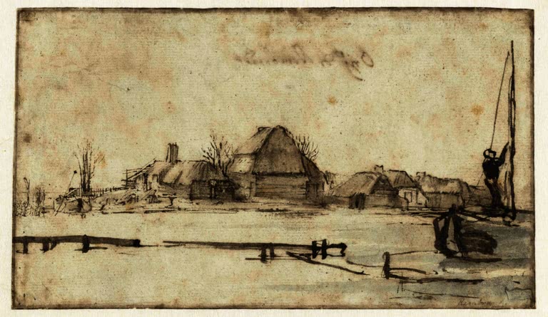  Kunstdruck „Winteransicht mit Wasserlauf, Hütten und zwei Booten“ von Rembrandt van Rijn
