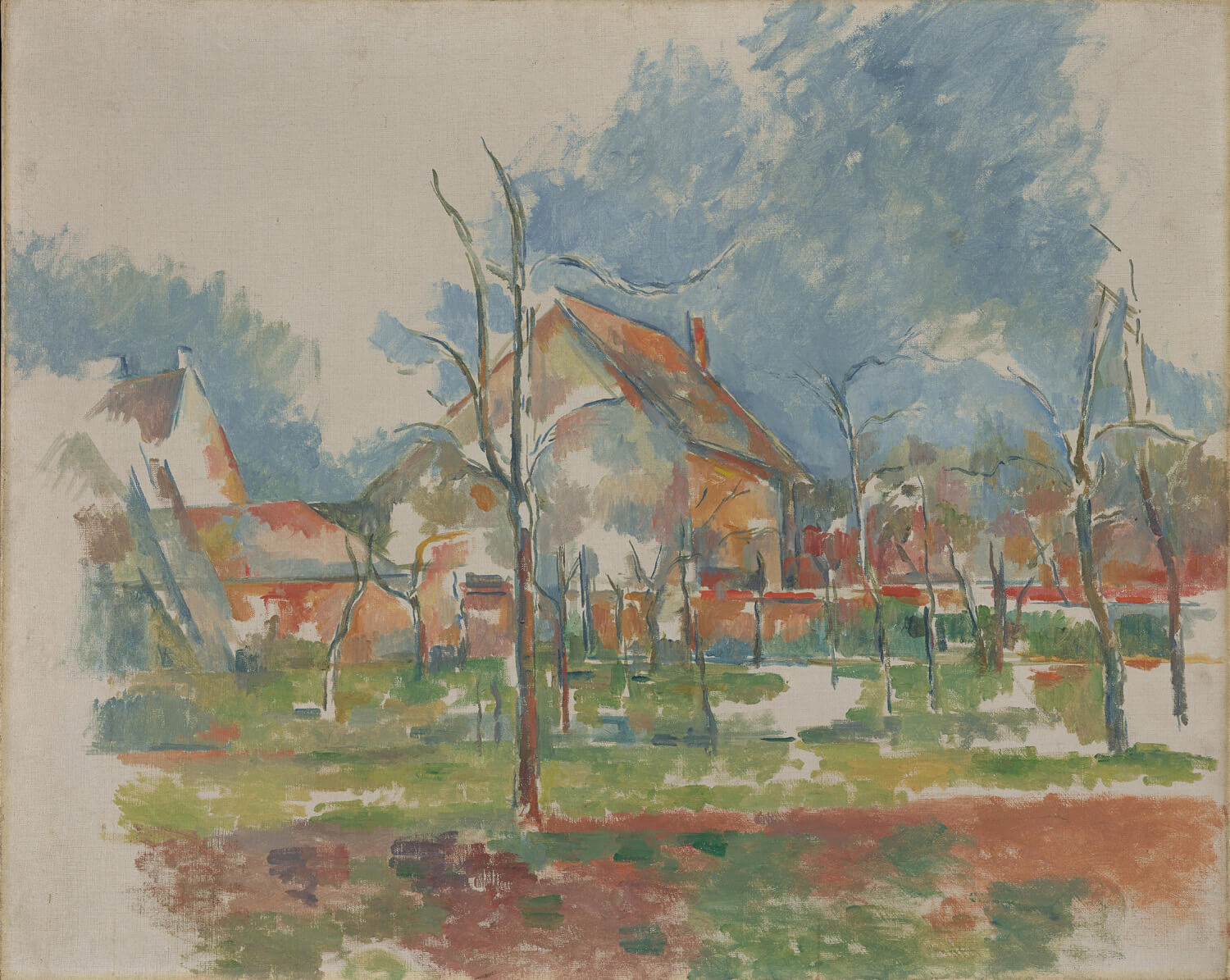 Winterlandschaft, Giverny von Paul Cézanne – postimpressionistisches Landschaftsgemälde mit schneebedeckter Natur, geometrischen Formen und dynamischen Pinselstrichen.