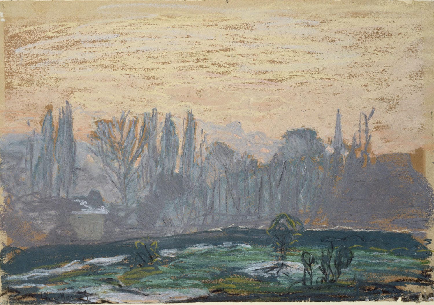 Winterliche Landschaft mit Abendhimmel von Claude Monet – Impressionistisches Gemälde mit schneebedeckter Landschaft und pastellfarbenem Abendhimmel.