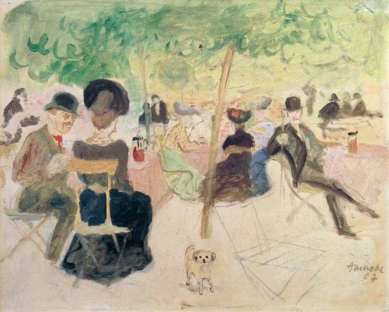 Kunstdruck des Gemäldes „Wirtshausgarten“ von August Macke. Hochwertig in Deutschland von Hand gefertigt, erhältlich als Poster oder Leinwand und optional gerahmt.