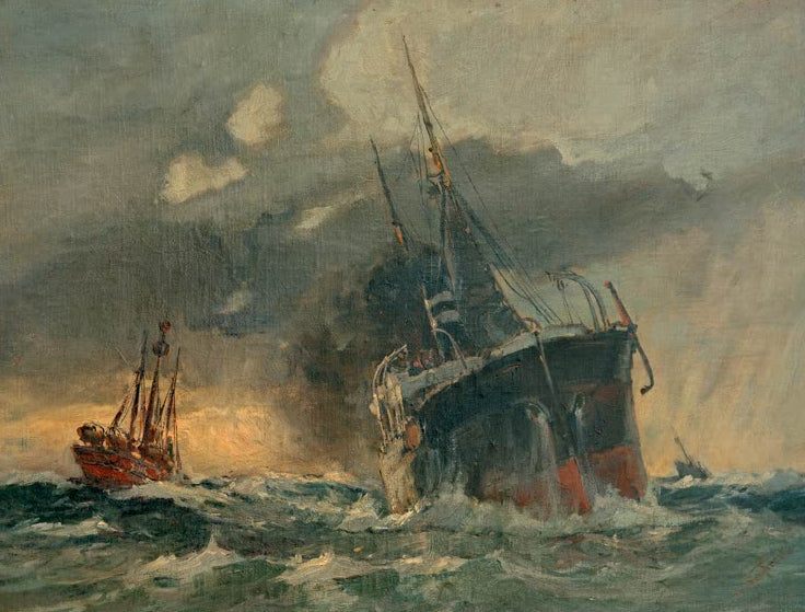 Kunstdruck Woermanndampfer passiert Elbe 3 von Leonhard Sandrock mit Dampfschiff, Feuerschiff und maritimer Szene