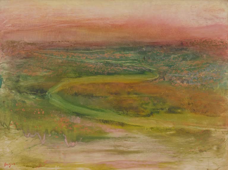 Kunstdruck des Gemäldes Wogender Fluss von Edgar Degas mit einer stimmungsvollen Darstellung eines bewegten Flusses in der Landschaft.