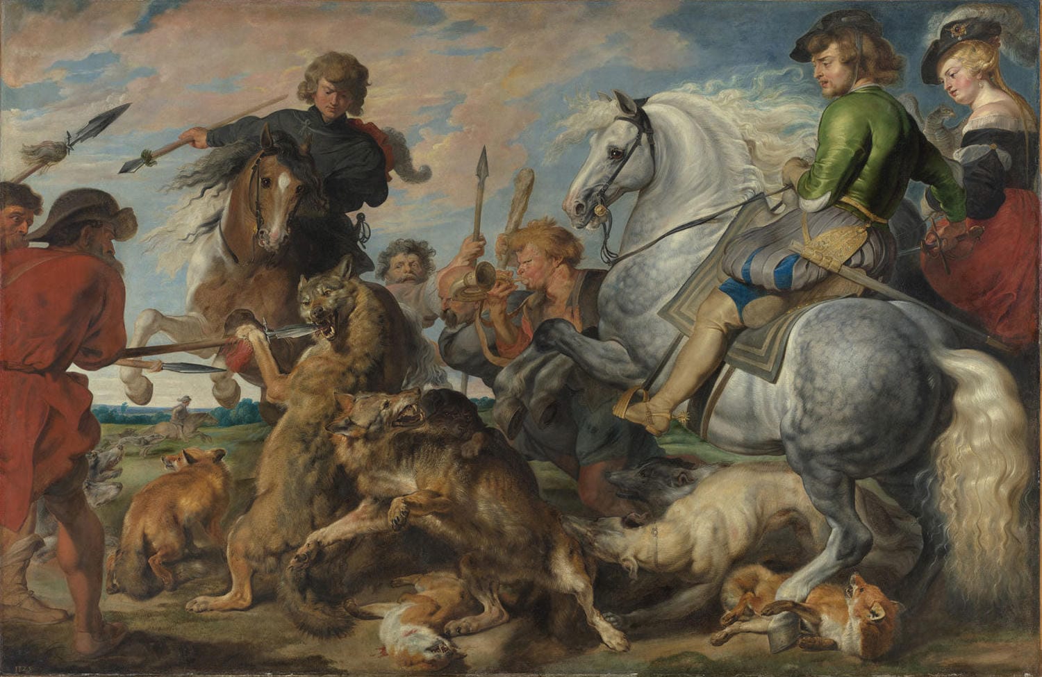 Barockes Gemälde von Peter Paul Rubens, das eine dramatische Wolf- und Fuchsjagd zeigt, mit lebendigen, bewegten Tieren und Jägern in einer spannungsgeladenen Verfolgung.