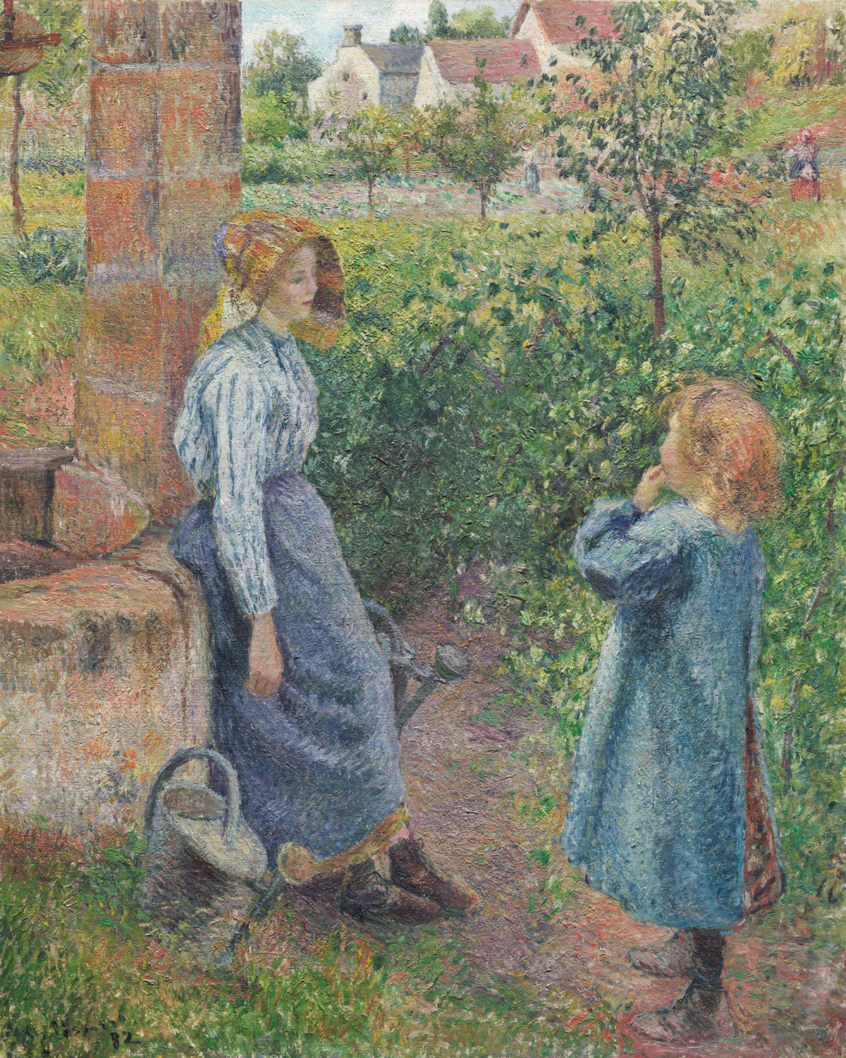 Eine Frau und ein Kind stehen an einem Brunnen, umgeben von grüner Natur, in weichen impressionistischen Pinselstrichen festgehalten.