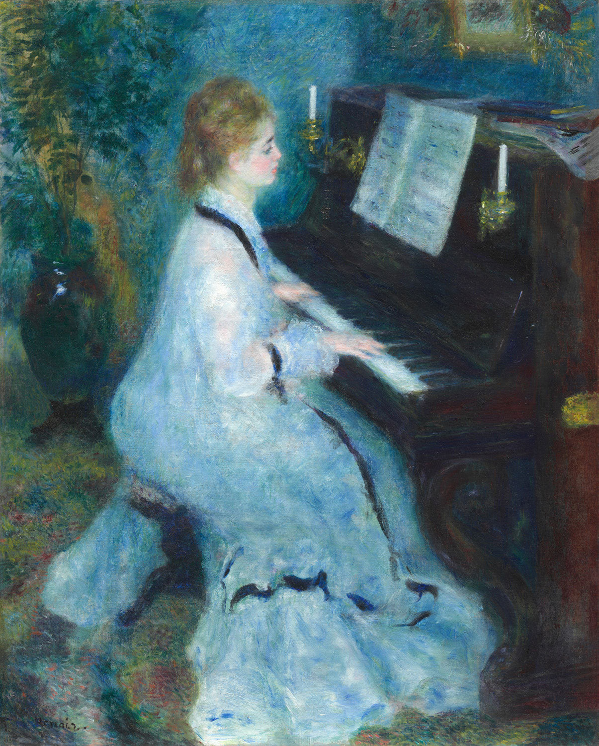 Impressionistisches Gemälde von Pierre-Auguste Renoir, das eine Frau am Klavier zeigt. Weiche Pinselstriche und warme Farben fangen die intime, musikalische Atmosphäre ein.