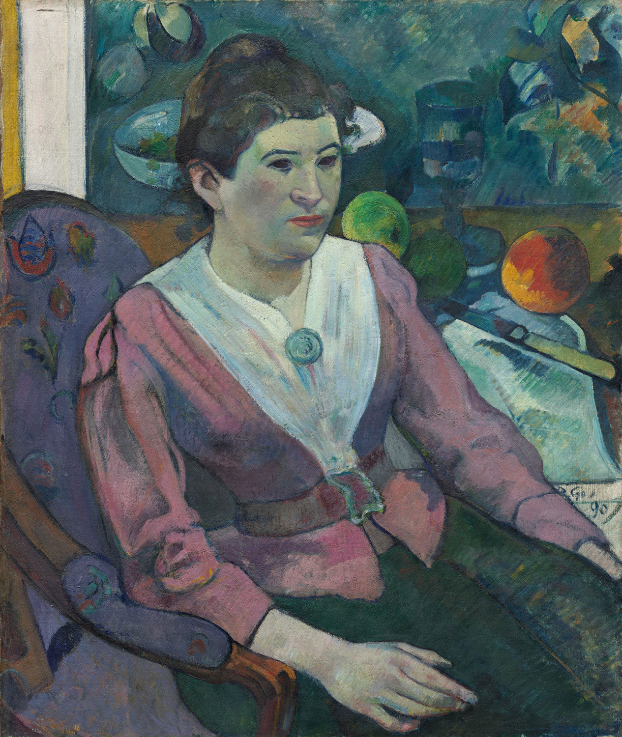 Kunstdruck des Gemäldes 'Woman in Front of a Still Life', inspiriert von Paul Cézanne und Paul Gauguin, zeigt eine Frau vor einem Stillleben mit harmonischen Farben und impressionistischen Details.
