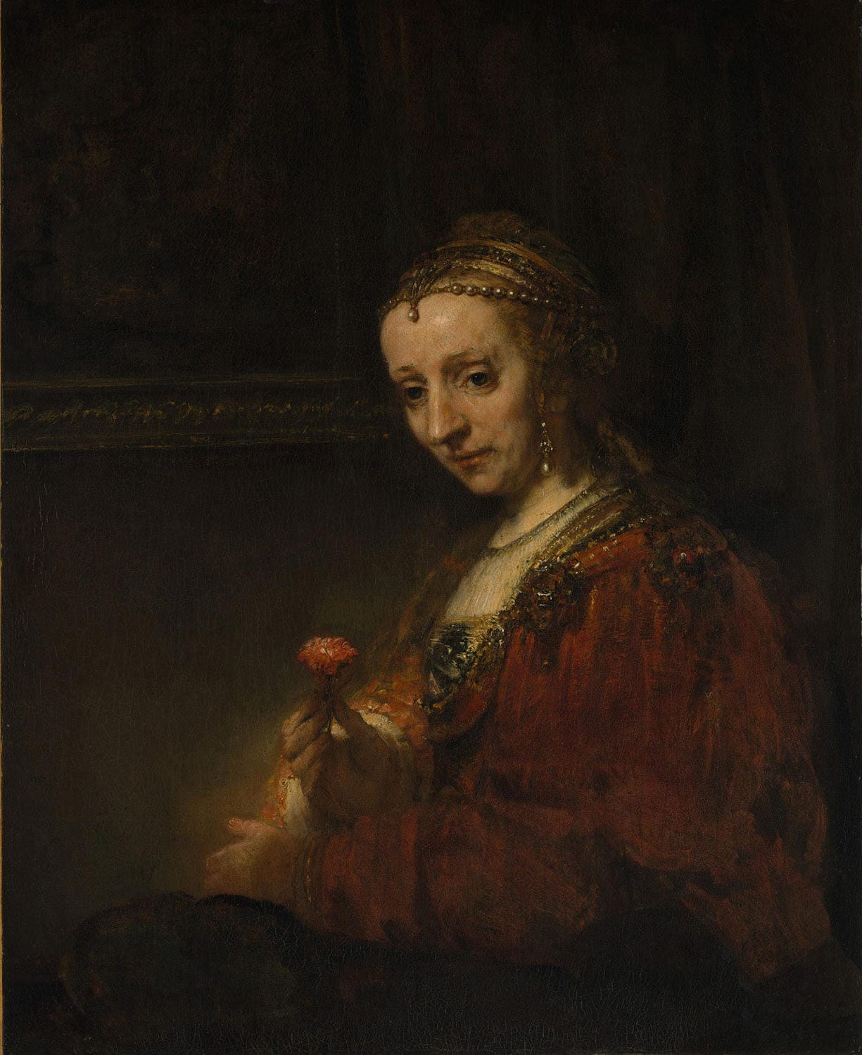 Frau mit einer Rose, gemalt von Rembrandt van Rijn, zeigt eine elegante Frau mit einer Rose in der Hand, umgeben von sanften Brauntönen und zarten Rosatönen, meisterhaft inszeniert durch Licht und Schatten.