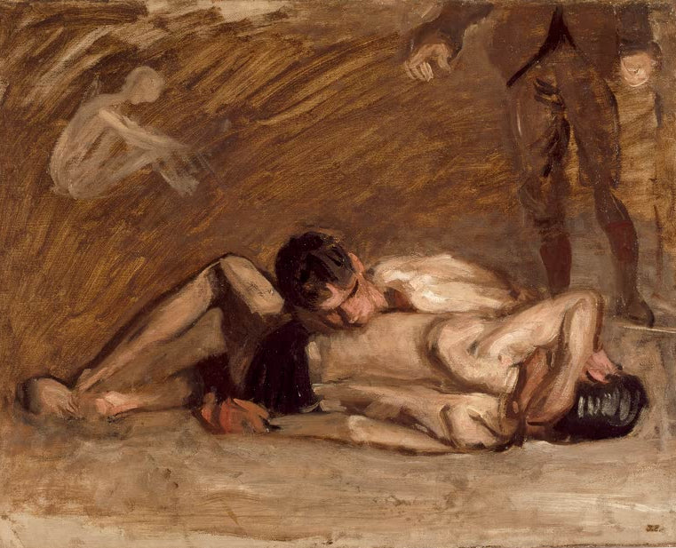 Kunstdruck des Gemäldes Wrestler von Thomas Eakins mit realistischer Darstellung eines Ringers in kraftvoller Pose.