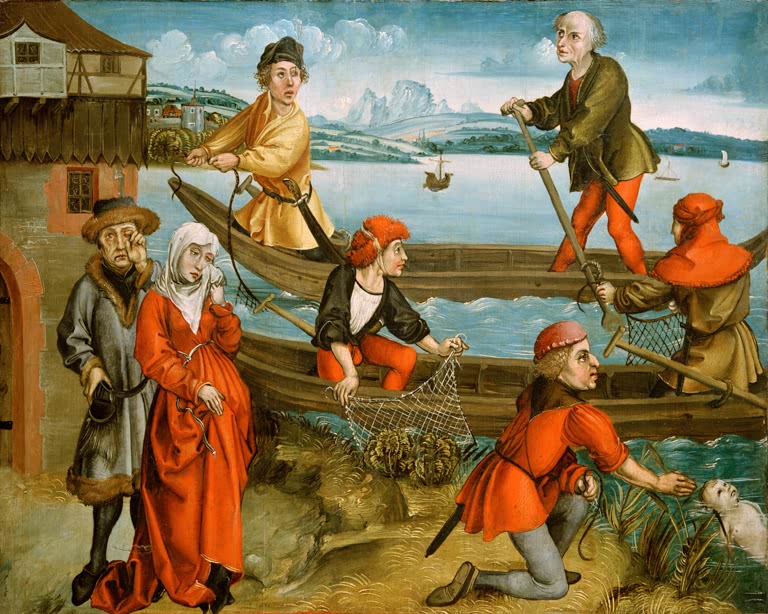Kunstdruck von „Wunderbare Errettung eines ertrunkenen Knaben“ von Albrecht Dürer. Detailreiche Renaissance-Darstellung eines wundersamen Ereignisses, in Deutschland handgefertigt.