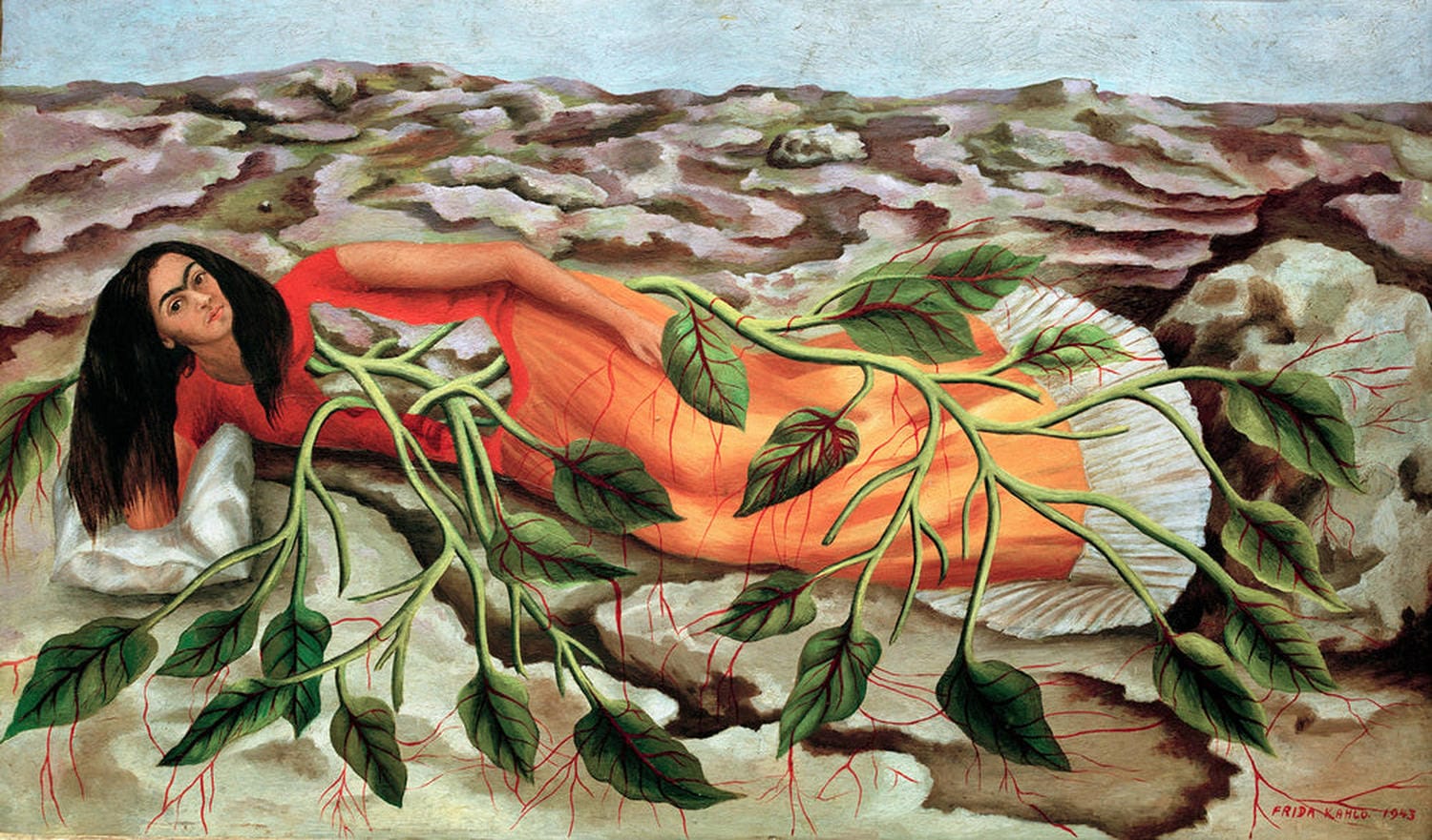 Frida Kahlo Gemälde „Wurzeln (Raices)“ – symbolträchtiges Selbstporträt mit starken Wurzel-Motiven und lebendigen Farben.