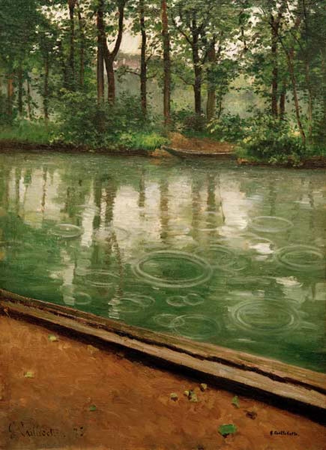 „Die Yerres bei Regen“ von Gustave Caillebotte – stimmungsvolle Flusslandschaft mit regennasser Oberfläche, weichen Spiegelungen und atmosphärischem Himmel.