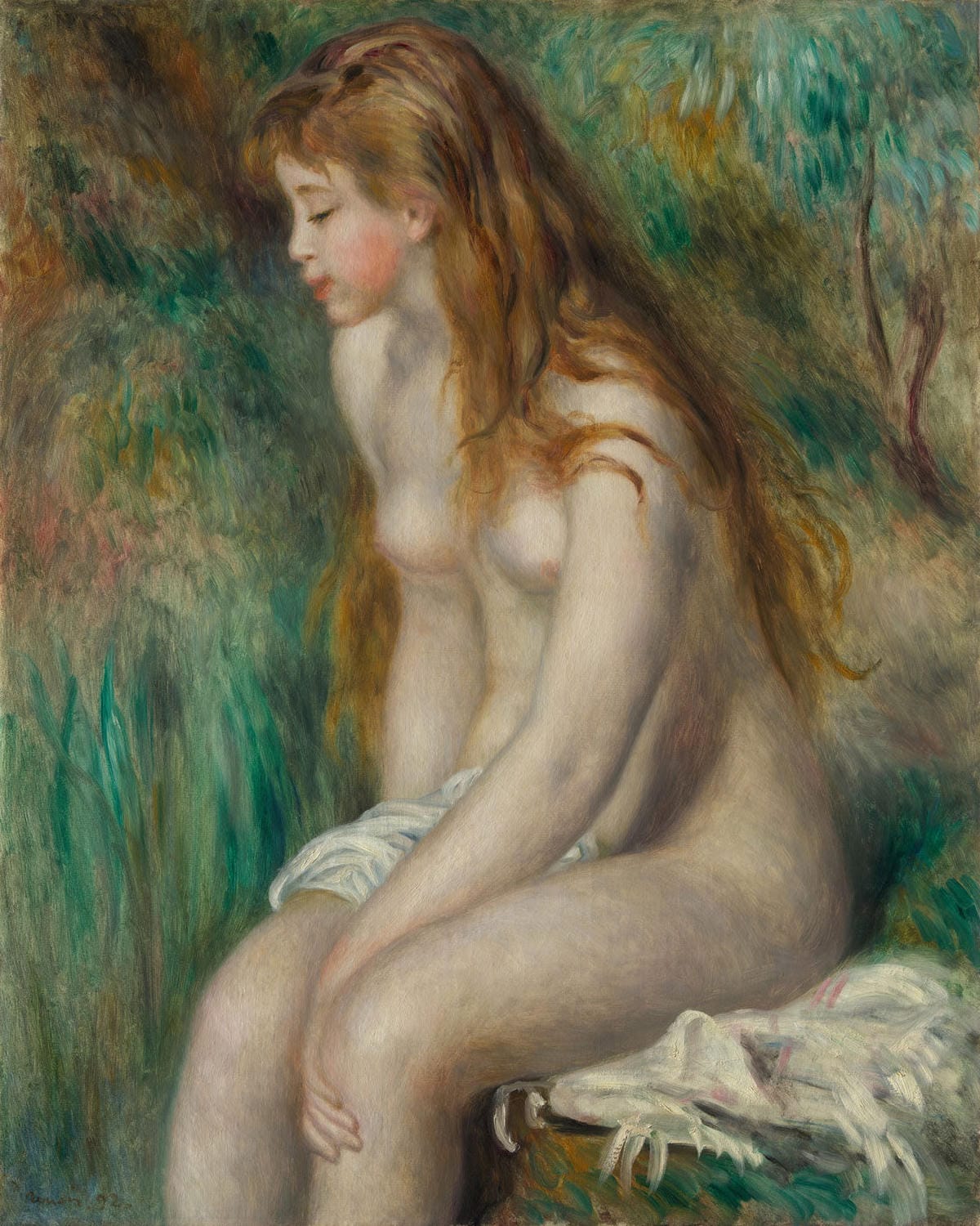 Das Gemälde "Junges Mädchen beim Baden" von Pierre-Auguste Renoir zeigt ein Mädchen, das im sanften Licht eines klaren Wassers badet. Die weichen Pinselstriche und hellen Farben verkörpern Renoirs charakteristischen Impressionismus und vermitteln eine ruhige, natürliche Atmosphäre.
