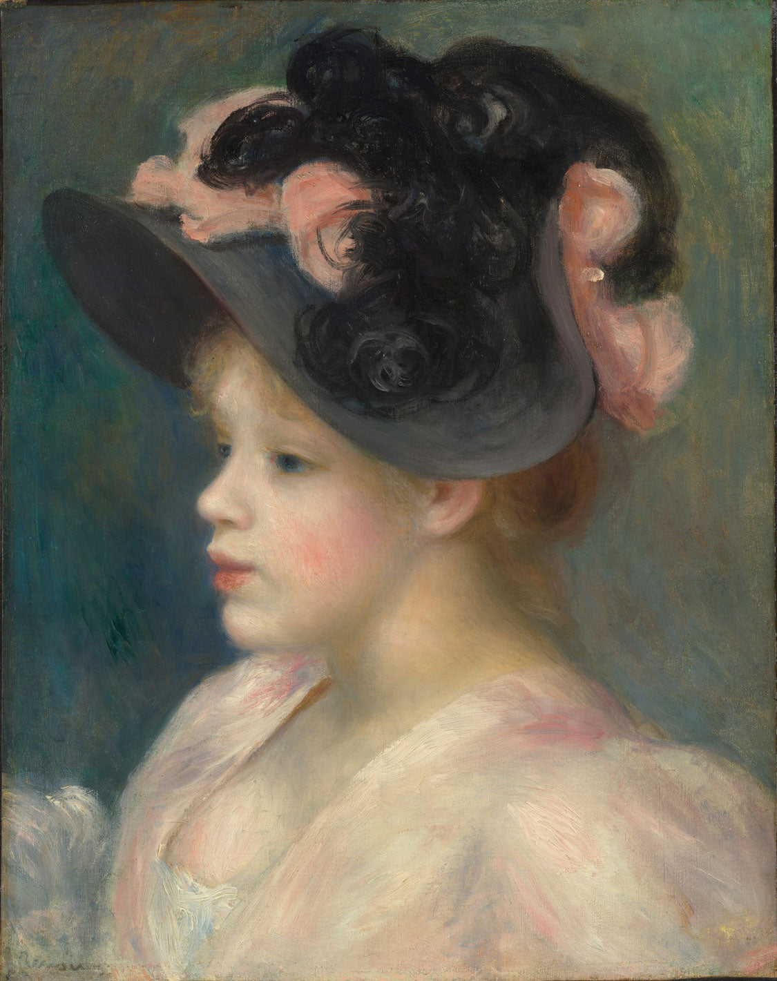 Impressionistisches Porträt von Pierre-Auguste Renoir, das ein junges Mädchen mit einem rosa-schwarzen Hut zeigt. Weiche Pinselstriche und zarte Farben betonen die Eleganz und Anmut der Darstellung.