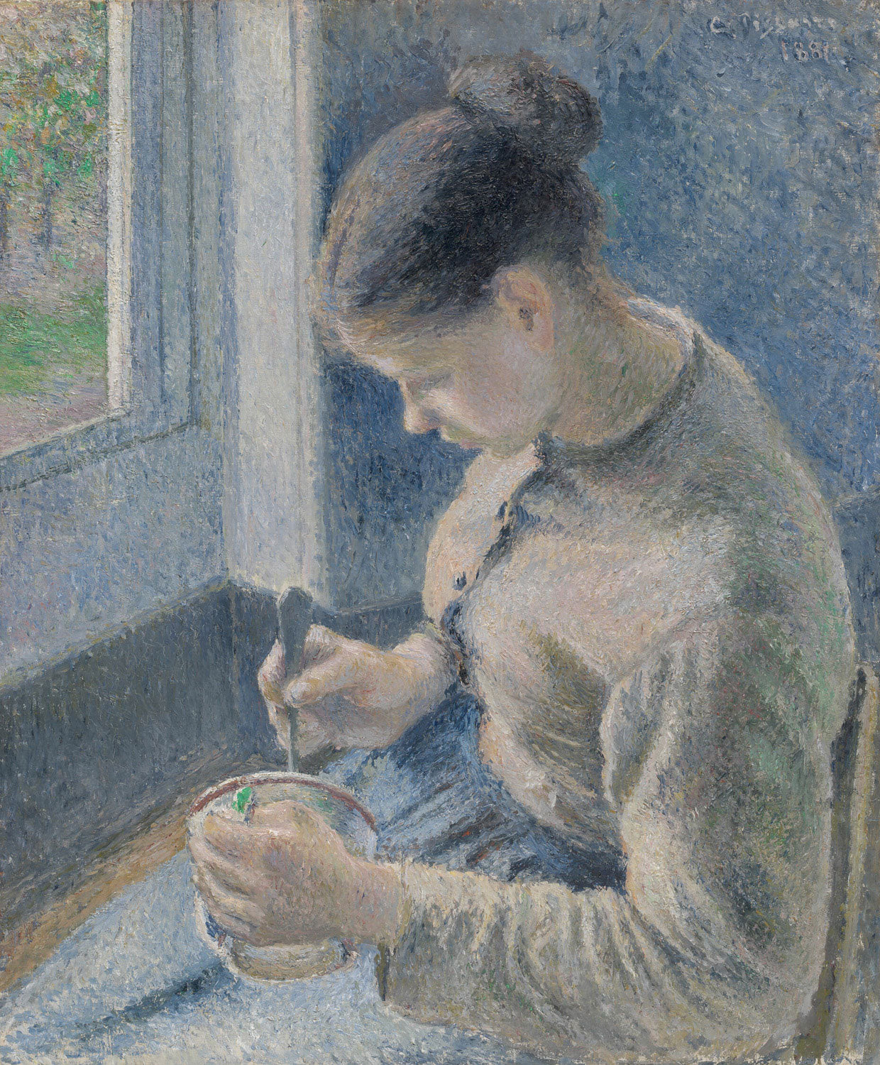 Eine junge Bäuerin sitzt nachdenklich am Tisch und hält eine Tasse Kaffee, umgeben von warmen Erdtönen und weichem Licht in impressionistischer Malweise.