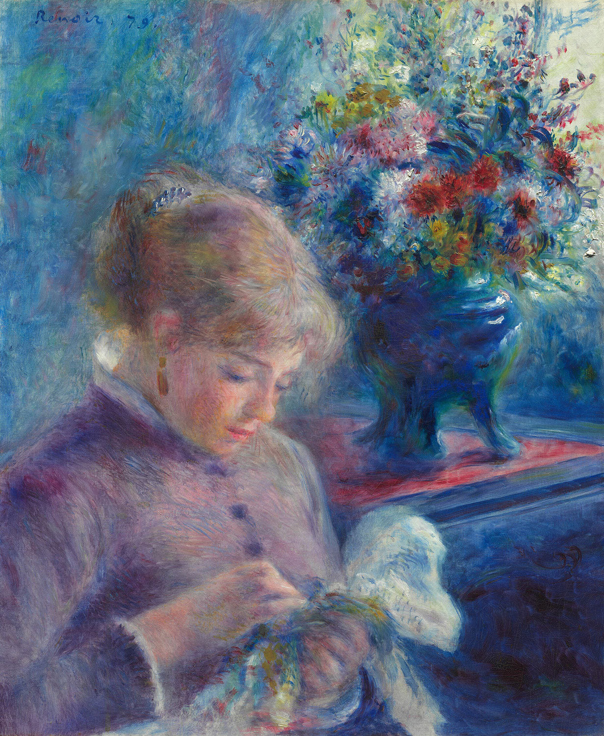 Das Gemälde „Junge Näherin“ von Pierre-Auguste Renoir zeigt eine junge Frau, die in einem ruhigen Moment mit einer Näharbeit beschäftigt ist. Die zarten Farben und die sanften Pinselstriche verleihen der Szene eine intime und entspannte Atmosphäre.