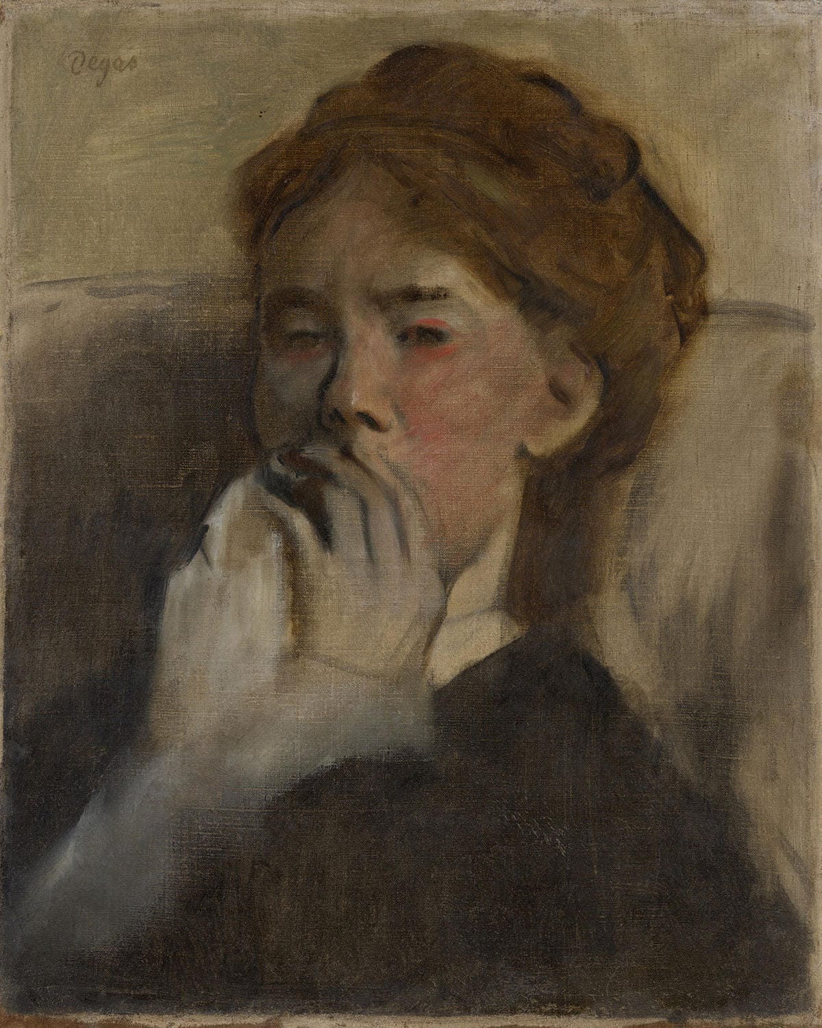 Ölgemälde von Edgar Degas aus dem Jahr 1875: Eine junge Frau sitzt mit der Hand über dem Mund, möglicherweise nach dem Weinen oder während einer Krankheit, dargestellt in schnellen, sparsamen Pinselstrichen.