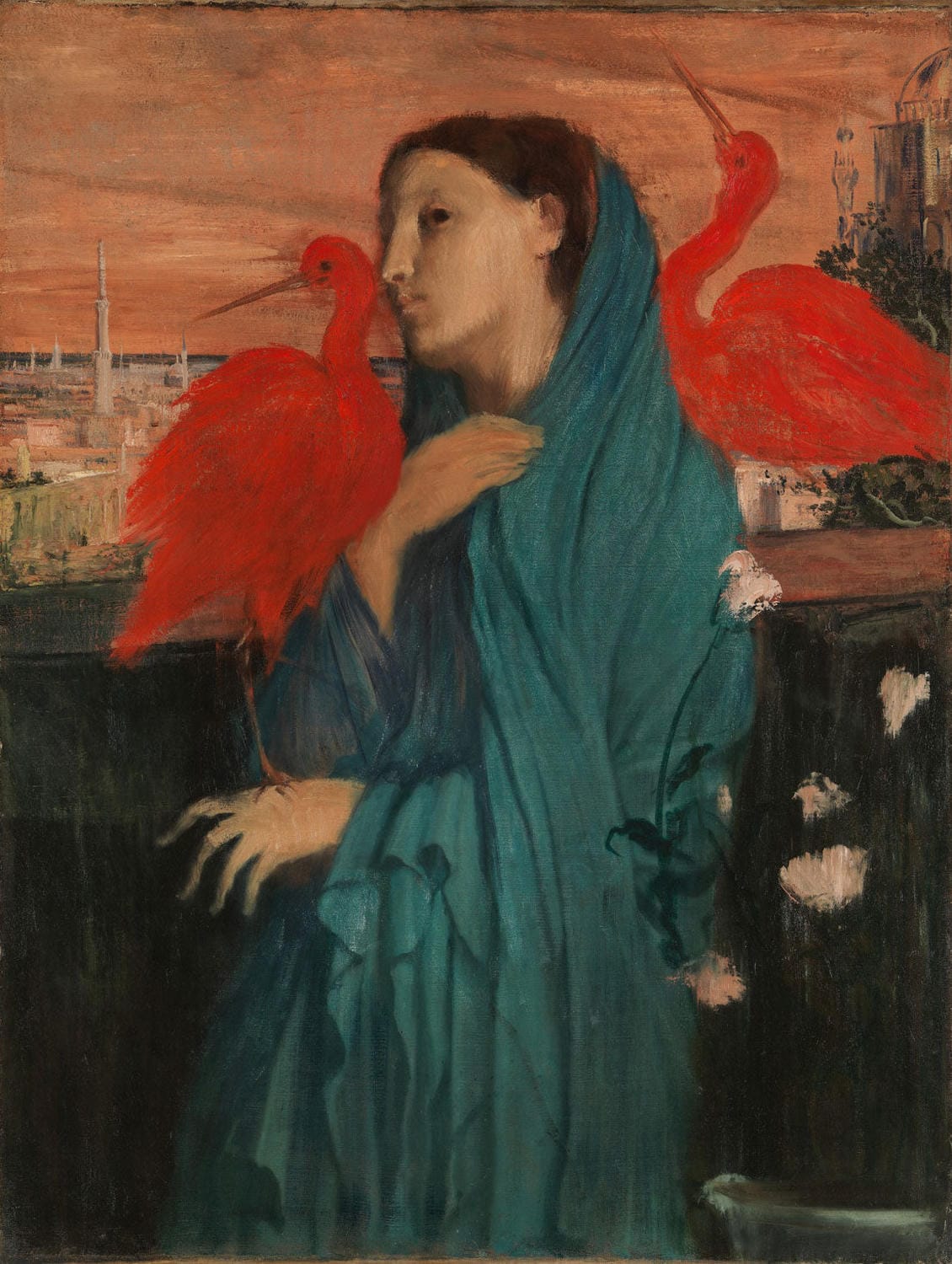 Impressionistisches Gemälde von Edgar Degas: Eine elegante Frau in einem fließenden Kleid steht neben einem weißen Ibis. Sanfte Farben und feine Pinselstriche verleihen dem Bild eine ruhige, exotische Atmosphäre.