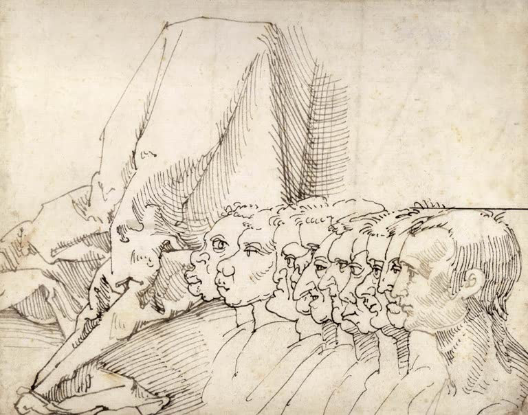 Kunstdruck „Zehn Profilköpfe, meist karikiert, und Gewandstudie“ von Albrecht Dürer mit ausdrucksstarken Kopf- und Figurenstudien