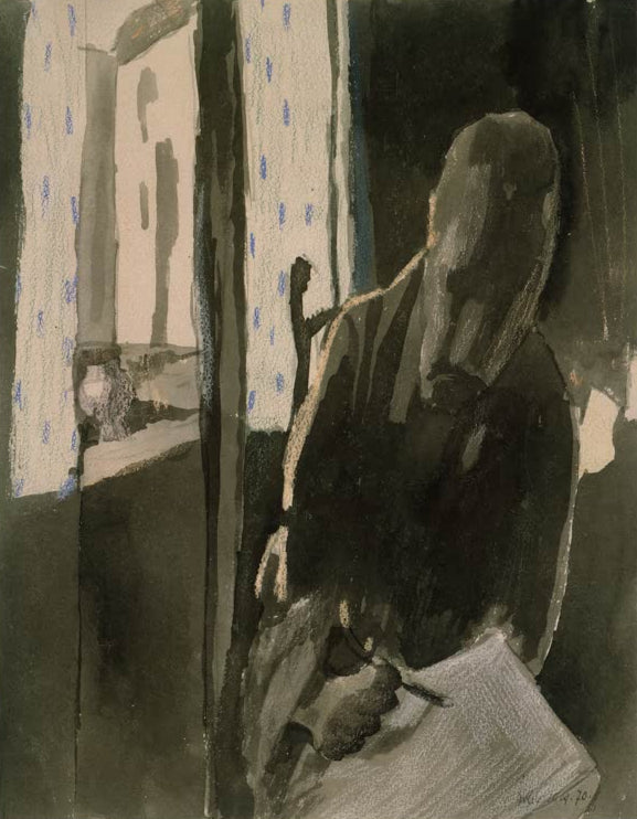 Kunstdruck von „Zeichner am Fenster“ von Paul Klee mit stilisierter Figur und charakteristischer abstrakter Linienführung.