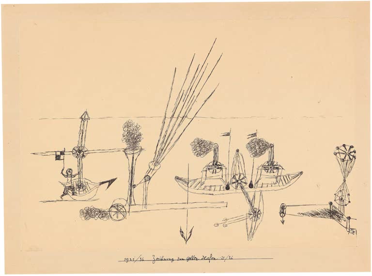 Kunstdruck „Zeichnung für Gelber Hafen“ von Paul Klee mit abstrakter Zeichnung aus Linien, Formen und Symbolen

