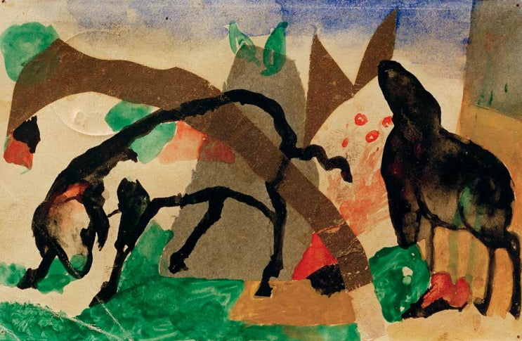 Kunstdruck des Gemäldes „Zinnobergruß“ von Franz Marc. Hochwertig in Deutschland von Hand gefertigt, erhältlich als Poster oder Leinwand und optional gerahmt.