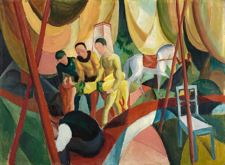 Kunstdruck des Gemäldes „Zirkus“ von August Macke. Hochwertig in Deutschland von Hand gefertigt, erhältlich als Poster oder Leinwand sowie optional gerahmt.