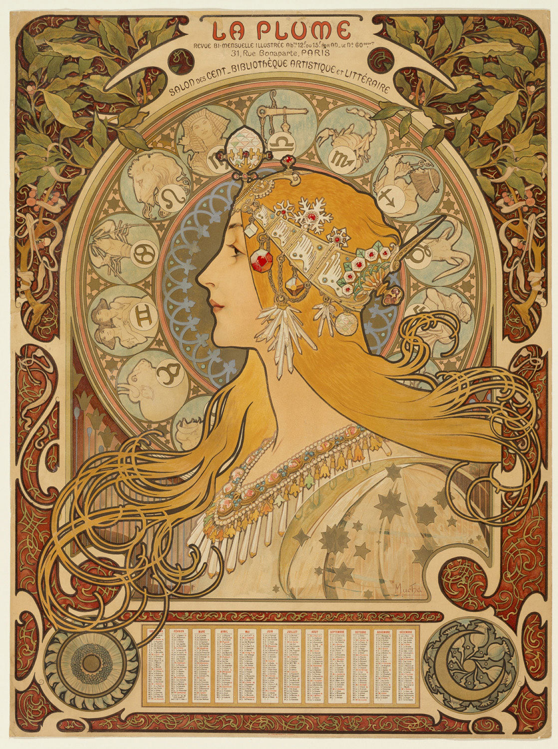 Jugendstil-Kunstwerk 'Zodiaque' von Alfons Mucha: Elegante Frau mit fließendem Haar, umgeben von einem Kreis der Tierkreiszeichen, verziert mit goldenen Ornamenten und zarten floralen Mustern.