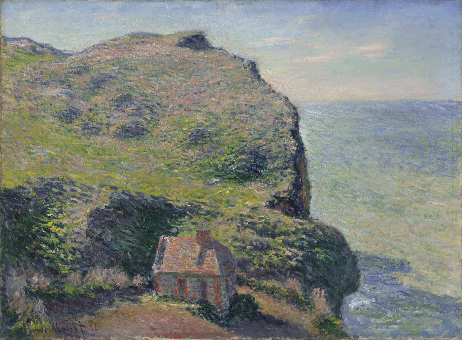 Malerische Küstenlandschaft mit einem kleinen Zollhaus auf einer Klippe, lebendige Pinselstriche und weiche Farben im impressionistischen Stil von Claude Monet.