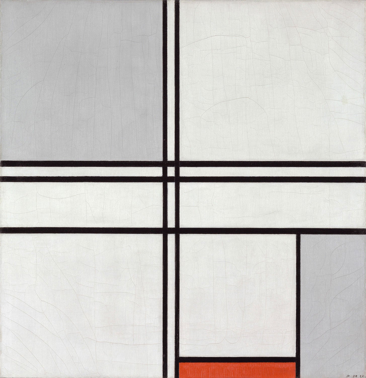 Kunstdruck von Piet Mondrians „Zusammensetzung (Nr. 1) Grau-Rot“, abstraktes Gemälde mit geometrischen Formen in Grautönen und Rot, inspiriert von der De-Stijl-Bewegung.