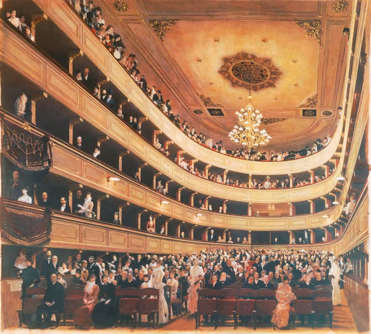 Kunstdruck von „Zuschauerraum des alten Burgtheaters in Wien“ von Gustav Klimt mit detailreicher Darstellung des historischen Theaterinterieurs. Auf Leinwand oder als Poster erhältlich.
