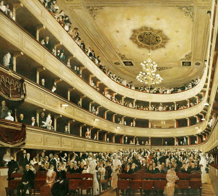 Kunstdruck des Gemäldes „Zuschauerraum des alten Burgtheaters in Wien“ von Gustav Klimt – hochwertige Reproduktion einer historischen Theaterdarstellung.