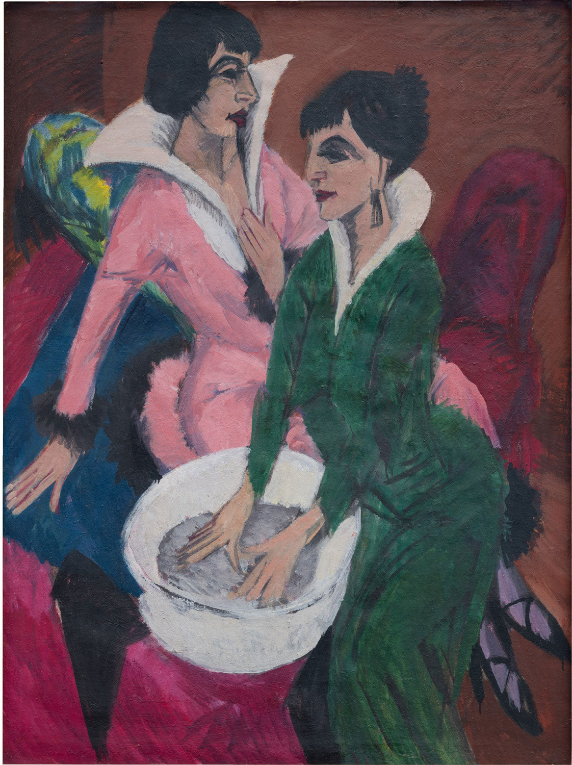 „Die Schwestern“ von Ernst Ludwig Kirchner – zwei Frauen sitzen vor einem Waschbecken und zeigen eine intime, ruhige Geste, die mit kräftigen Farben und expressiven Linien die emotionale Verbindung zwischen den beiden darstellt.
