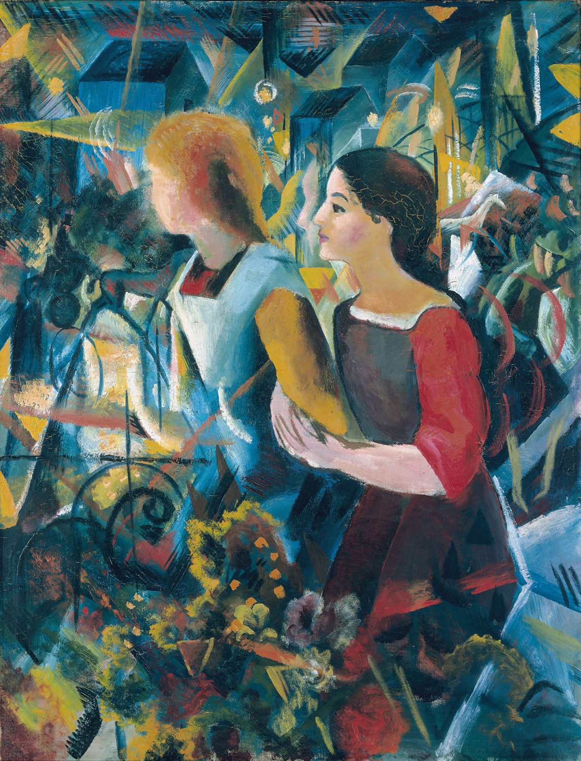 Zwei junge Frauen in farbenfroher Kleidung sitzen einander zugewandt, umgeben von leuchtenden Farben und weichen Formen. Expressionistisches Gemälde von August Macke.