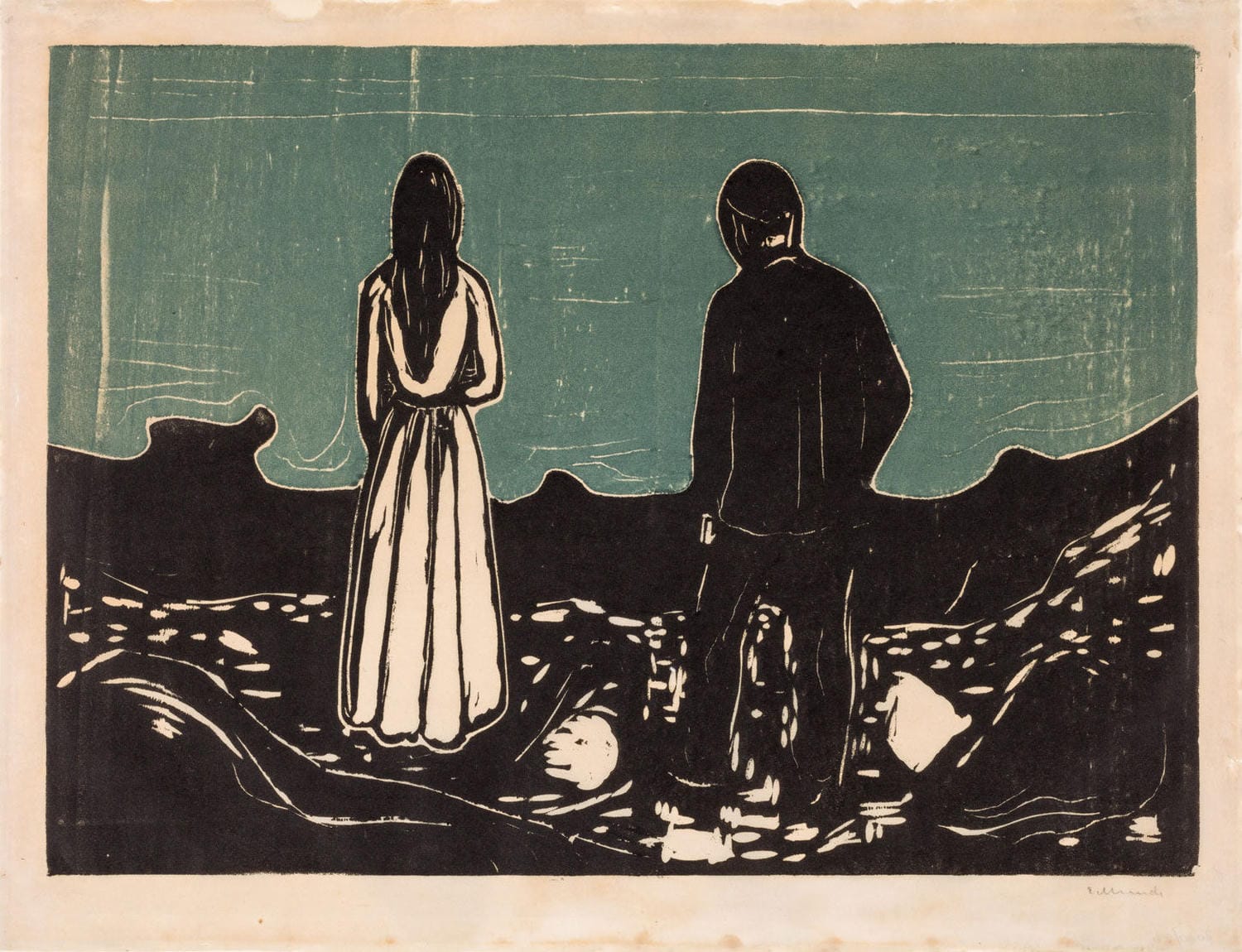 "Zwei Menschen. Die Einsamen" (To mennesker. De ensomme) von Edvard Munch – Melancholische Darstellung eines Mannes und einer Frau an der Küste, die trotz Nähe emotional getrennt wirken.