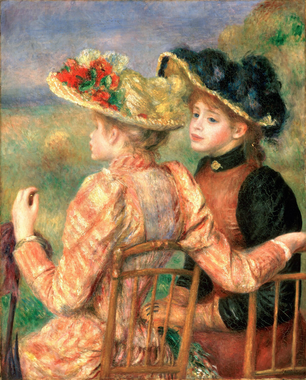 Das Gemälde "Zwei Mädchen" von Pierre-Auguste Renoir zeigt zwei junge Frauen, die in entspannter Haltung dargestellt sind. Mit lebendigen Farben und fließenden Pinselstrichen fängt Renoir die Anmut und Unbeschwertheit des Moments ein.