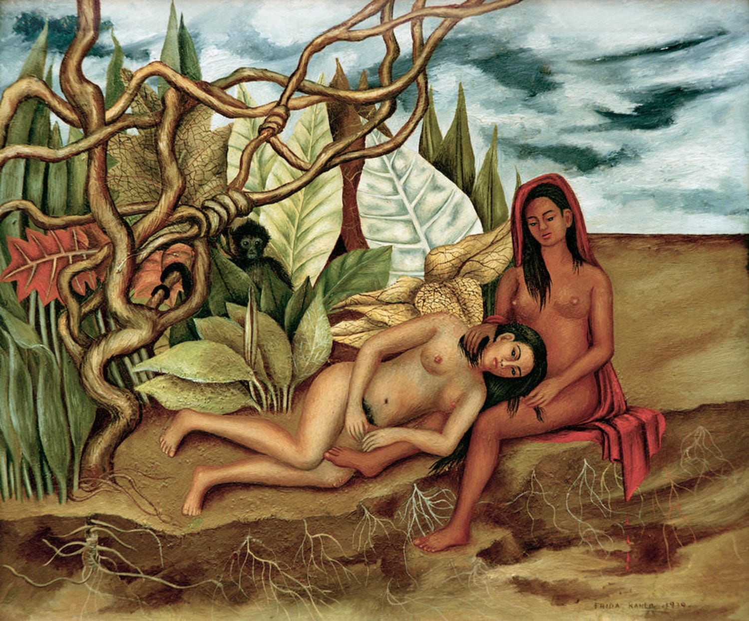  Kunstdruck von Frida Kahlos Zwei Akte im Wald, das zwei weibliche Figuren in einem Wald darstellt, umgeben von abstrakten Formen und lebendigen Farben, die die Verbindung zwischen Mensch und Natur hervorheben.