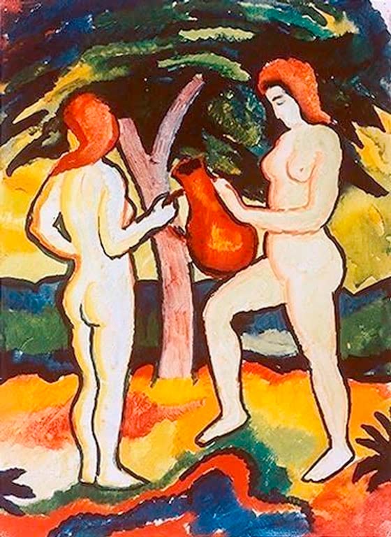 Kunstdruck des Gemäldes „Zwei Akte mit Krug“ von August Macke. Hochwertig in Deutschland von Hand gefertigt, erhältlich als Poster oder Leinwand und optional gerahmt.