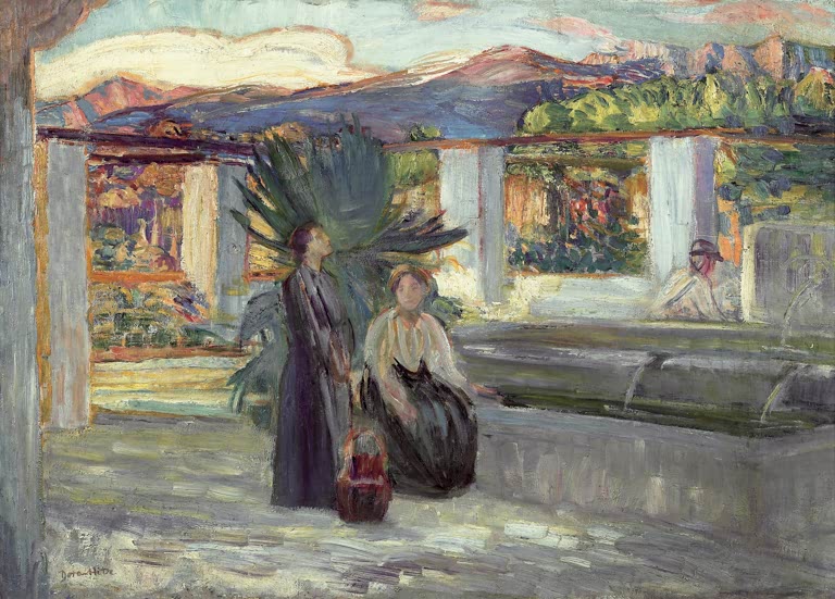 Zwei Frauen am Brunnen von Dora Hitz als hochwertiger Kunstdruck einer sommerlichen Szene mit zwei Frauen