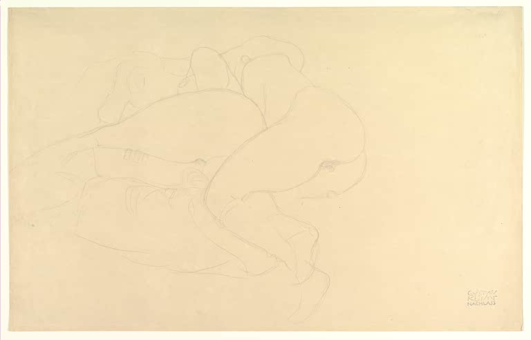 Kunstdruck des Gemäldes „Zwei Frauenfreunde liegend“ von Gustav Klimt – hochwertige Reproduktion einer ausdrucksstarken Figurenstudie.