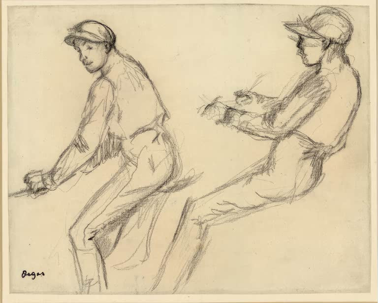 Kunstdruck des Gemäldes Zwei Jockeys von Edgar Degas mit zwei Reitern auf Pferden im Pferderennsport.